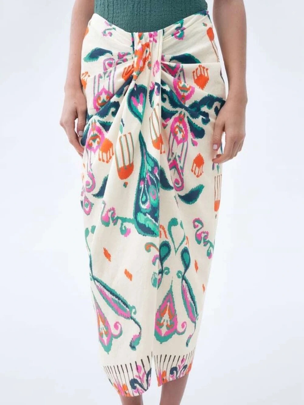 Zara Vibrant Multicolored Abstract Pattern Linen Blend Knotted Pareo Skirt NWT L